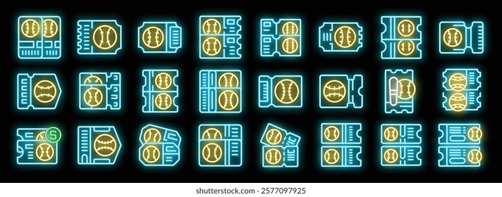 Bright neon baseball tickets glowing on a black background, perfect for sports and entertainment visuals