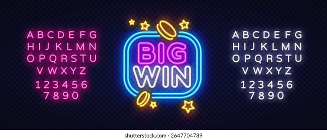 Bright neon big win lettering with golden coins and stars surrounded by outlined box. Two full alphabets in glowing styles for casino promo visuals.