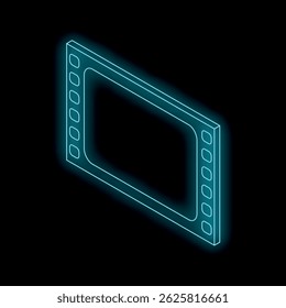 Bright neon blue film frame glowing on a black background, representing cinema and entertainment industry
