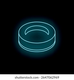Bright neon blue hockey puck glowing on dark background, ice hockey sports concept