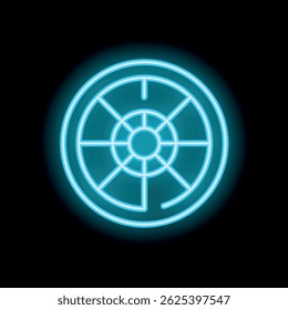 Bright neon blue roulette wheel glowing on a black background