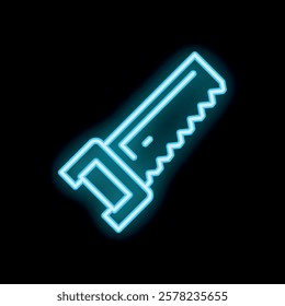 Bright neon blue saw glowing on a black background, perfect for illustrations, designs, and concepts related to construction and carpentry