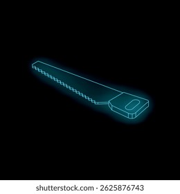 Bright neon blue saw glowing on a black background, creating a striking visual contrast