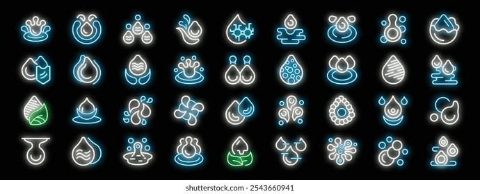 Ícones brilhantes de água azul e branca neon ou gotas de chuva brilhando no escuro, representando vários conceitos relacionados a líquidos, pureza, natureza e saúde