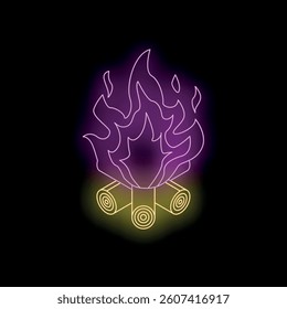 Bright neon bonfire is burning with purple and yellow flames on a black background