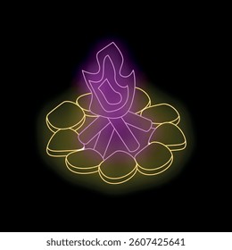 Bright neon campfire burning surrounded by rocks on a black background