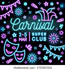 Helle Neon Carnival Party Einladung Karte Vektorgrafik. Farbige Design-Promo für Maskenball oder Ereignis auf schwarzem Hintergrund. Förderung feierlicher Aufführungen mit Linien