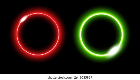 Bright neon circles in red and green emit energy with a futuristic and tech-inspired glow.