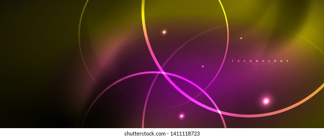 Bright neon circles and wave lines, glowing shiny background design template, digital techno concept. Luminous swirl trail, slow shutter speed effect.