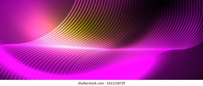 Bright neon circles and wave lines, glowing shiny background design template, digital techno concept. Luminous swirl trail, slow shutter speed effect.