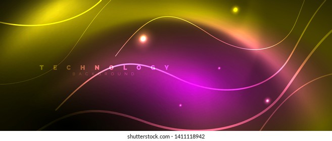 Bright neon circles and wave lines, glowing shiny background design template, digital techno concept. Luminous swirl trail, slow shutter speed effect.