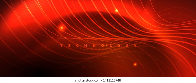 Bright neon circles and wave lines, glowing shiny background design template, digital techno concept. Luminous swirl trail, slow shutter speed effect.