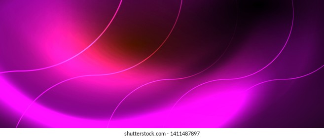 Bright neon circles and wave lines, glowing shiny background design template, digital techno concept. Luminous swirl trail, slow shutter speed effect.