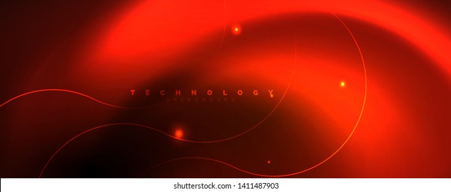 Bright neon circles and wave lines, glowing shiny background design template, digital techno concept. Luminous swirl trail, slow shutter speed effect.