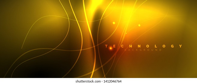 Bright neon circles and wave lines, glowing shiny background design template, digital techno concept. Luminous swirl trail, slow shutter speed effect.