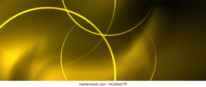 Bright neon circles and wave lines, glowing shiny background design template, digital techno concept. Luminous swirl trail, slow shutter speed effect.