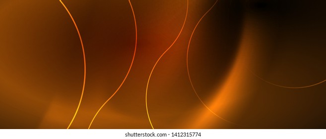 Bright neon circles and wave lines, glowing shiny background design template, digital techno concept. Luminous swirl trail, slow shutter speed effect.