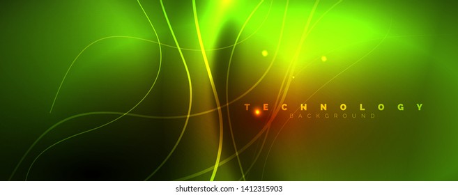 Brillantes círculos de neón y líneas onduladas, brillante plantilla de diseño de fondo, concepto digital tecno. Luminoso camino giratorio, efecto de velocidad de obturación lento.