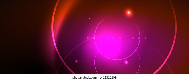 Bright neon circles and wave lines, glowing shiny background design template, digital techno concept. Luminous swirl trail, slow shutter speed effect.