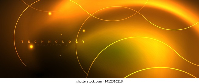 Brillantes círculos de neón y líneas onduladas, brillante plantilla de diseño de fondo, concepto digital tecno. Luminoso camino giratorio, efecto de velocidad de obturación lento.
