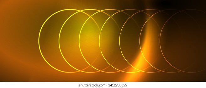 Bright neon circles and wave lines, glowing shiny background design template, digital techno concept. Luminous swirl trail, slow shutter speed effect.