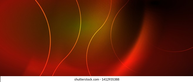 Bright neon circles and wave lines, glowing shiny background design template, digital techno concept. Luminous swirl trail, slow shutter speed effect.
