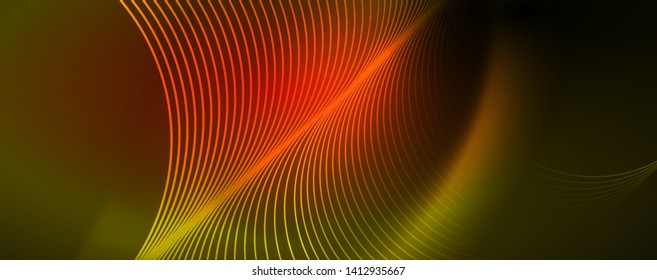 Brillantes círculos de neón y líneas onduladas, brillante plantilla de diseño de fondo, concepto digital tecno. Luminoso camino giratorio, efecto de velocidad de obturación lento.