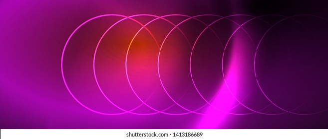 Brillantes círculos de neón y líneas onduladas, brillante plantilla de diseño de fondo, concepto digital tecno. Luminoso camino giratorio, efecto de velocidad de obturación lento.