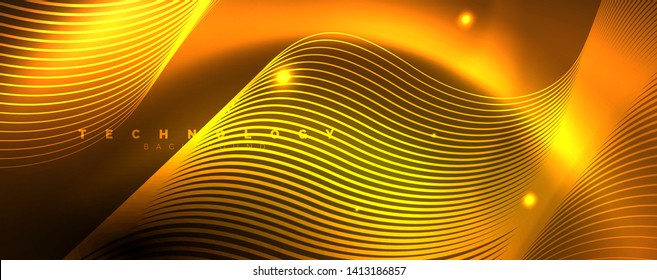 Bright neon circles and wave lines, glowing shiny background design template, digital techno concept. Luminous swirl trail, slow shutter speed effect.