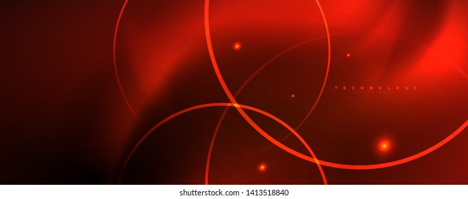 Bright neon circles and wave lines, glowing shiny background design template, digital techno concept. Luminous swirl trail, slow shutter speed effect.