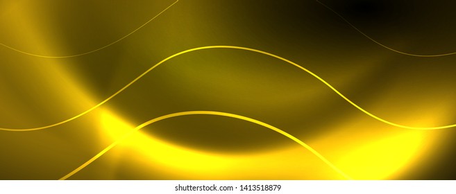 Bright neon circles and wave lines, glowing shiny background design template, digital techno concept. Luminous swirl trail, slow shutter speed effect.