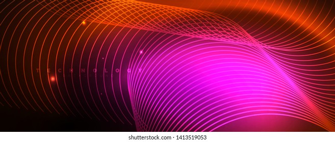 Bright neon circles and wave lines, glowing shiny background design template, digital techno concept. Luminous swirl trail, slow shutter speed effect.