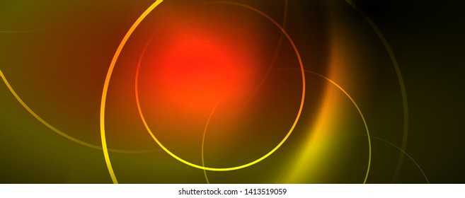 Bright neon circles and wave lines, glowing shiny background design template, digital techno concept. Luminous swirl trail, slow shutter speed effect.