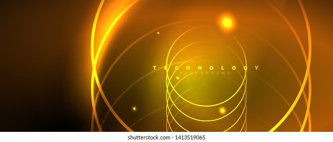 Bright neon circles and wave lines, glowing shiny background design template, digital techno concept. Luminous swirl trail, slow shutter speed effect.
