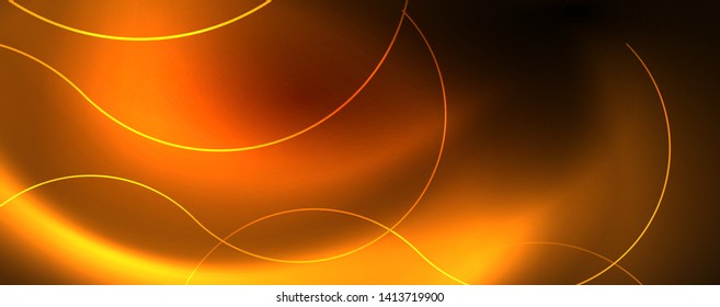 Bright neon circles and wave lines, glowing shiny background design template, digital techno concept. Luminous swirl trail, slow shutter speed effect.