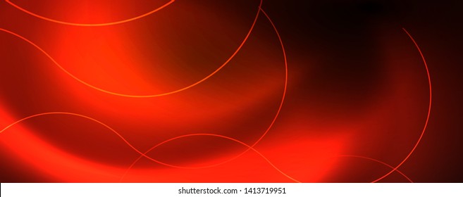 Bright neon circles and wave lines, glowing shiny background design template, digital techno concept. Luminous swirl trail, slow shutter speed effect.