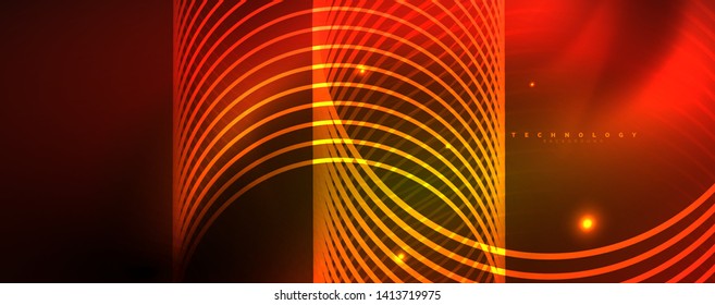 Brillantes círculos de neón y líneas onduladas, brillante plantilla de diseño de fondo, concepto digital tecno. Luminoso camino giratorio, efecto de velocidad de obturación lento.