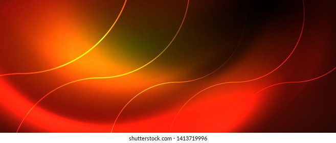 Bright neon circles and wave lines, glowing shiny background design template, digital techno concept. Luminous swirl trail, slow shutter speed effect.