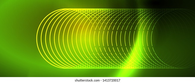 Bright neon circles and wave lines, glowing shiny background design template, digital techno concept. Luminous swirl trail, slow shutter speed effect.