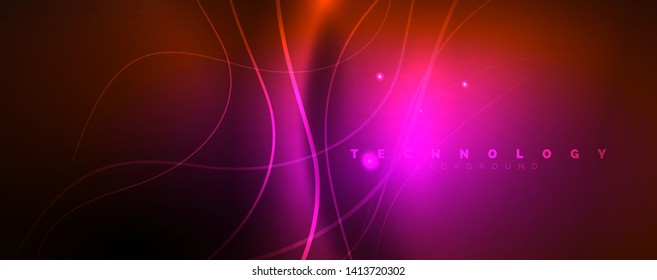Bright neon circles and wave lines, glowing shiny background design template, digital techno concept. Luminous swirl trail, slow shutter speed effect.