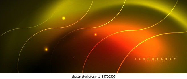 Bright neon circles and wave lines, glowing shiny background design template, digital techno concept. Luminous swirl trail, slow shutter speed effect.