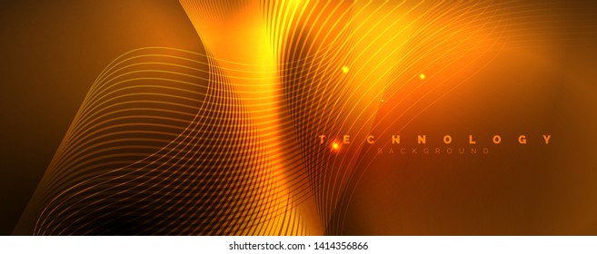 Bright neon circles and wave lines, glowing shiny background design template, digital techno concept. Luminous swirl trail, slow shutter speed effect.
