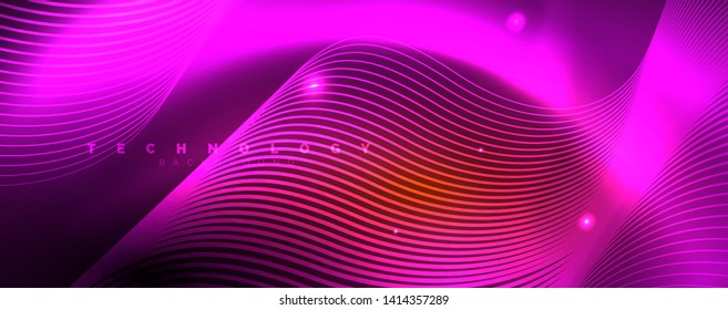 Bright neon circles and wave lines, glowing shiny background design template, digital techno concept. Luminous swirl trail, slow shutter speed effect.
