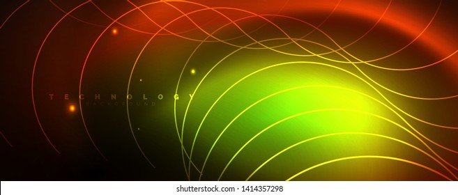 Bright neon circles and wave lines, glowing shiny background design template, digital techno concept. Luminous swirl trail, slow shutter speed effect.