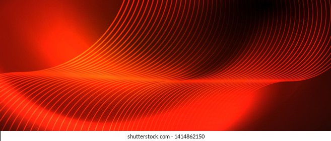 Bright neon circles and wave lines, glowing shiny background design template, digital techno concept. Luminous swirl trail, slow shutter speed effect.