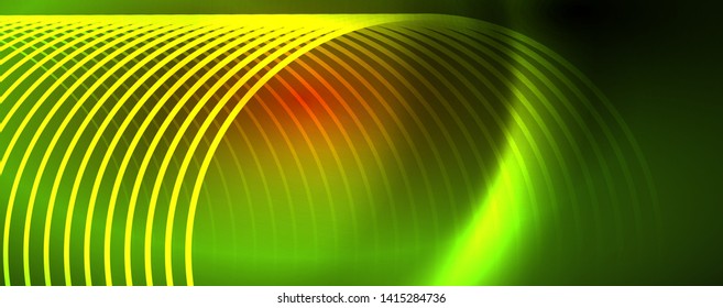 Bright neon circles and wave lines, glowing shiny background design template, digital techno concept. Luminous swirl trail, slow shutter speed effect.
