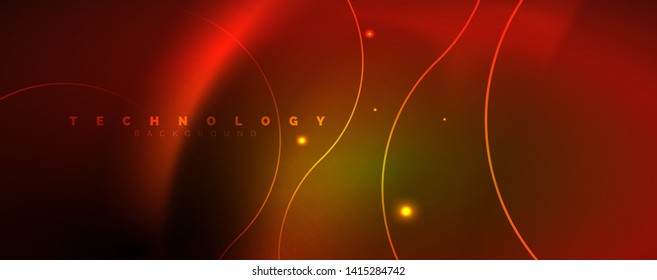 Bright neon circles and wave lines, glowing shiny background design template, digital techno concept. Luminous swirl trail, slow shutter speed effect.