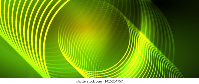Bright neon circles and wave lines, glowing shiny background design template, digital techno concept. Luminous swirl trail, slow shutter speed effect.