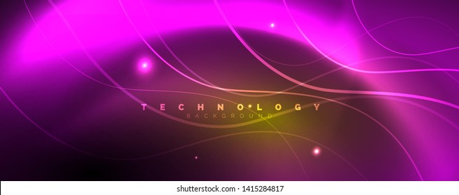 Bright neon circles and wave lines, glowing shiny background design template, digital techno concept. Luminous swirl trail, slow shutter speed effect.