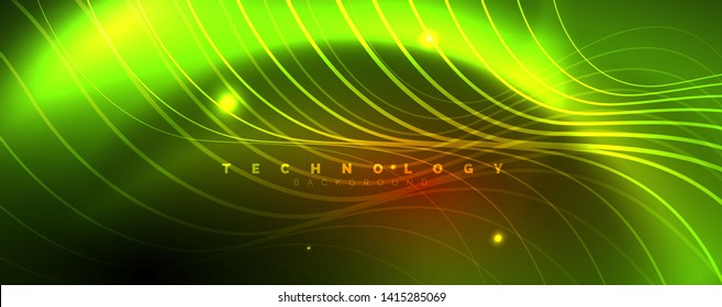 Bright neon circles and wave lines, glowing shiny background design template, digital techno concept. Luminous swirl trail, slow shutter speed effect.